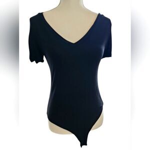 Black Asymmetrical Fitted Bodysuit with Short Sleeves